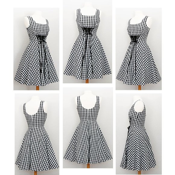 Gingham Checker Laced Up Waist Fit Flared Dress - Picture 7 of 8